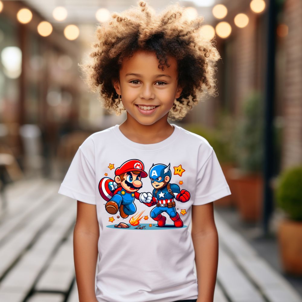 Camiseta Infanto Juvenil Personagens Super Mario vs Capitão América