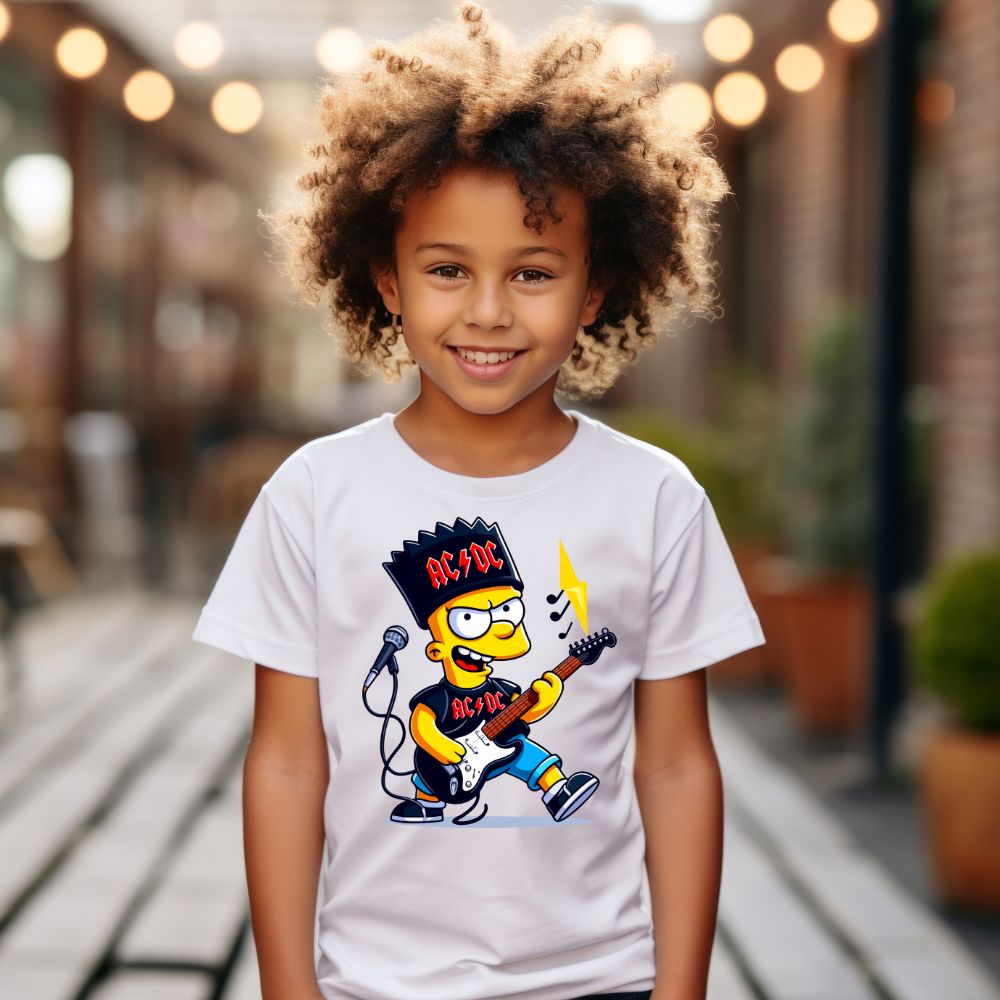 Camiseta Infanto Juvenil Personagens Bart Simpsons Guitarra Ac/Dc
