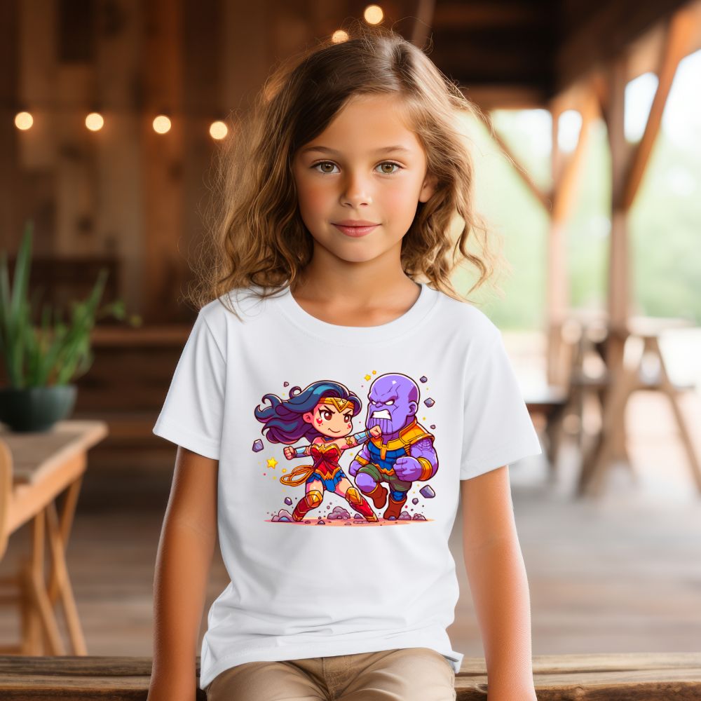 Camiseta Infanto Juvenil Personagens Mulher Maravilha vs Thanos