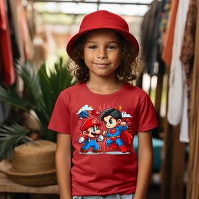 Camiseta Infanto Juvenil Personagens Super Mario vs Superman