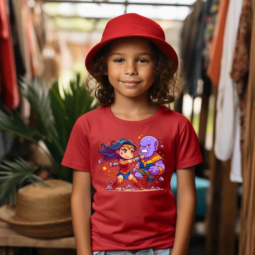 Camiseta Infanto Juvenil Personagens Mulher Maravilha vs Thanos