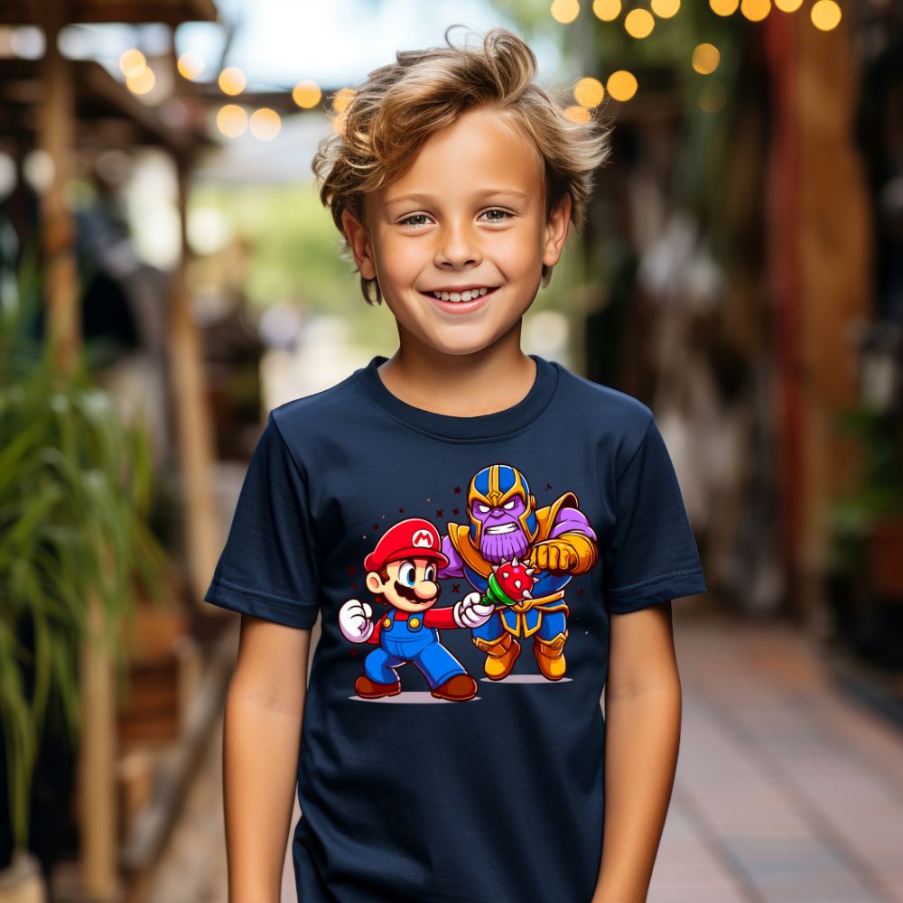 Camiseta Infanto Juvenil Personagens Super Mario vs Thanos